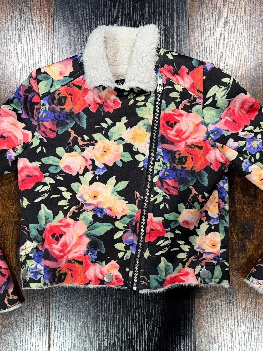 Kidpik Girls S 7/8 Floral Moto Jacket Sherpa Collar Black Y2K Whimsical